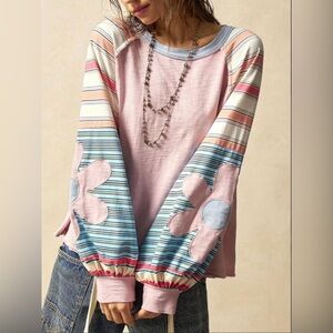 Boho Patchwork Floral Applique Raglan Sleeve Top Pink Blue Striped Spring Top